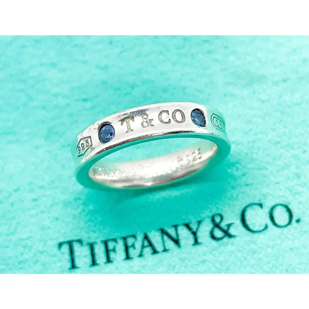 Tiffany & Co. 1837 Montana Sapphire Ring Sterling Silver Size 4 w/ Pouch